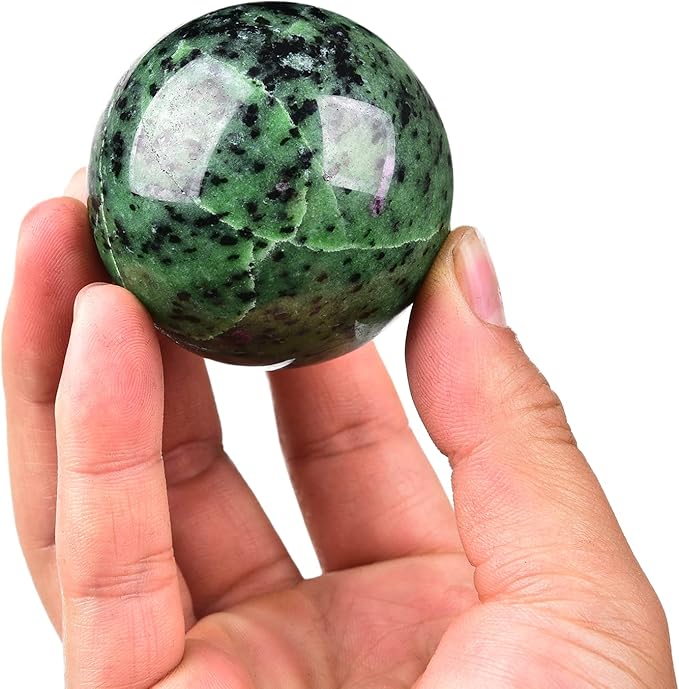 JIC Gem Small Red&Green Treasure Crystal Sphere Ball Natural Ruby Zoisite Healing Crystal Ball with Decoative Stand for Fengshui Meditation Decoation (50-60mm)