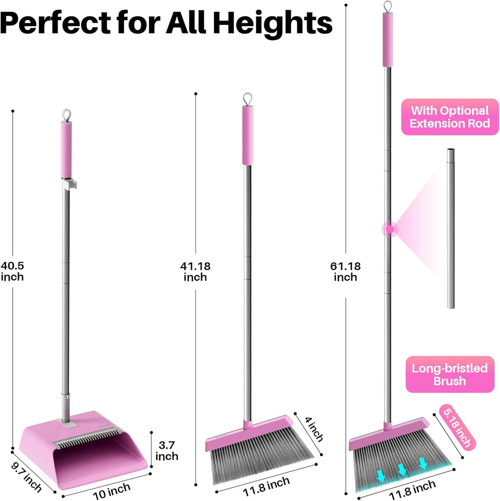 JOYMOOP Pink Broom and Dustpan Set with 56” Handle, Upright Angle with Built-in Comb Teeth for Hardwood Floors and Pet Hair