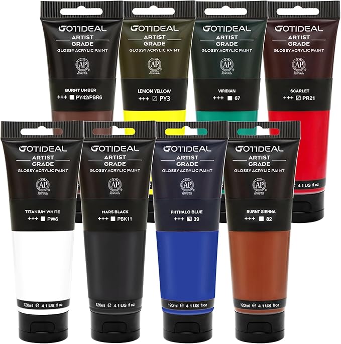 GOTIDEAL Craft Acrylic Paint Set,8 Primary Colors（(120ml,4 oz) Rich Pigments Non-Toxic Washable, Professional Paint for Pouring on Canvas, Rocks, Ceramic, Fabric, Leather, Ideal for Artist, Adults