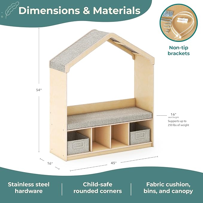 Guidecraft EdQ Kids' Reading Nook - Natural: Wooden Storage Bench Bookcase Organizer with Divided Cubbies and Bins for Books and Toys | Preschool and Homeschool Furniture