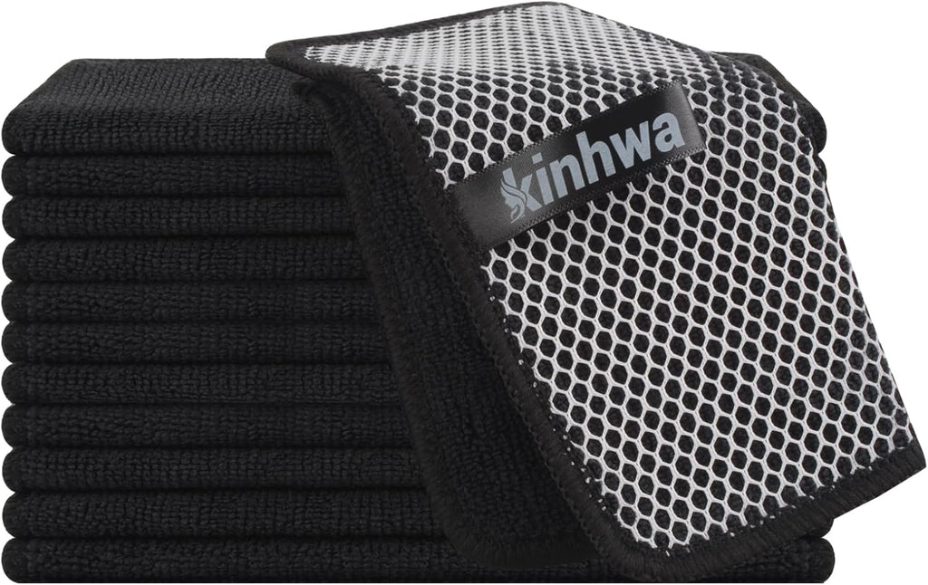 KinHwa Kitchen Washcloths for Dishes Absorbent Microfiber Dish Cloths Quick Dry Dish Rags with Poly Scour Scrub Side Ideal for Kitchen Cleaning (Black, 7inchx7inch 12 Pack)