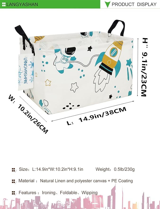 LANGYASHAN Rectangular Storage Bin Collapse Canvas Fabric Cartoon Storage Basket with Handles for Organizing Home Kitchen Boys and Girls Toys Office Closet Shelf Baskets (Rec space astronaut)