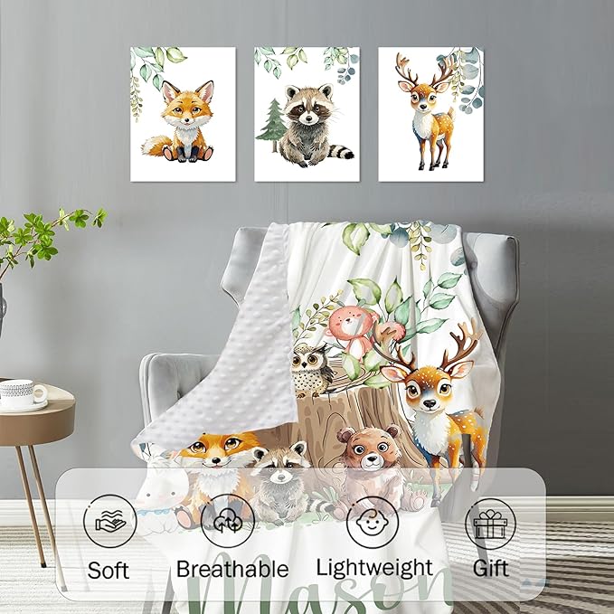 Personalized Baby Crib Bedding Set for Baby Boys Girls, Animal Stump Pattern Custom Name Baby Crib Sets 5-Pcs, Toddler Double Layer Blanket Fitted Sheets Changing Pad Cover Rug Wall Art Set