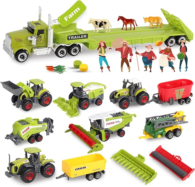 Oriate Kids Farm Toys Realistic Tractor Vehicle Playset, Diecast Car Set Educational Mini Farm Animals with Flatbed Trailer, Birthday Gift for Children 3 Year Old