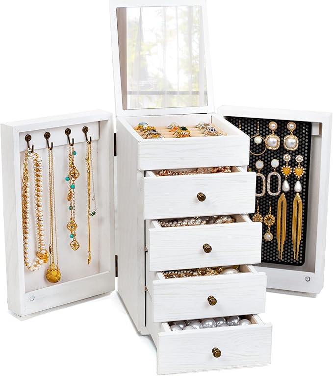 Meangood Jewelry Box Wood for Wowen, 5-Layer Large Organizer Box with Mirror & 4 Drawers for Rings, Earrings, Necklaces, White