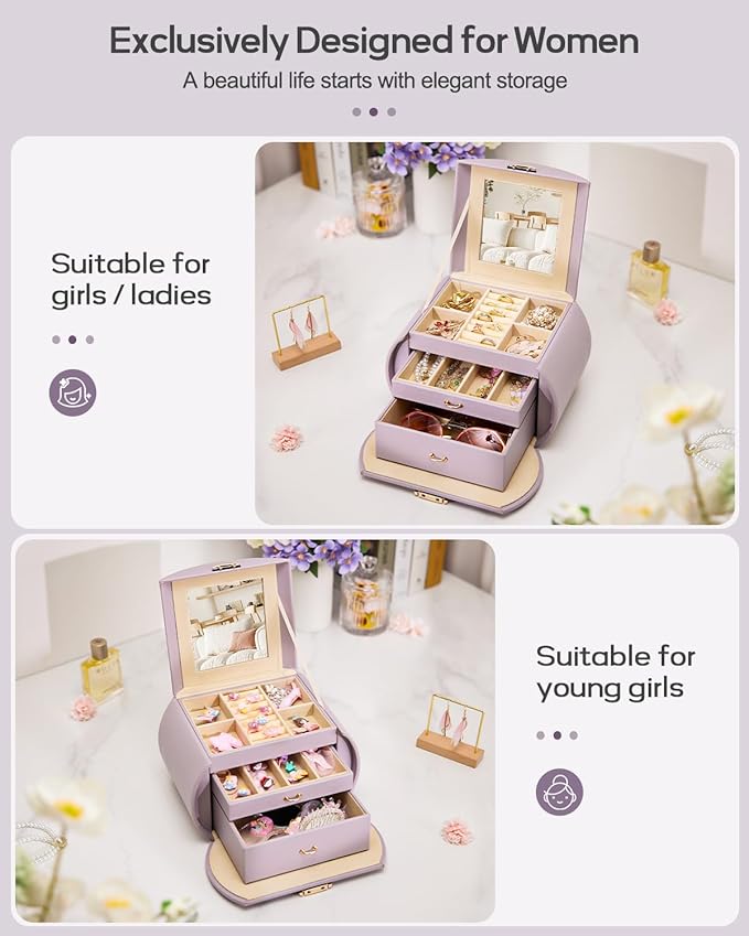Homde Girls Jewelry Box Jewelry Storage Case Organizer Faux Leather with Mirror for Rings, Earrings, Bracelets, Necklaces (Grey Purple)