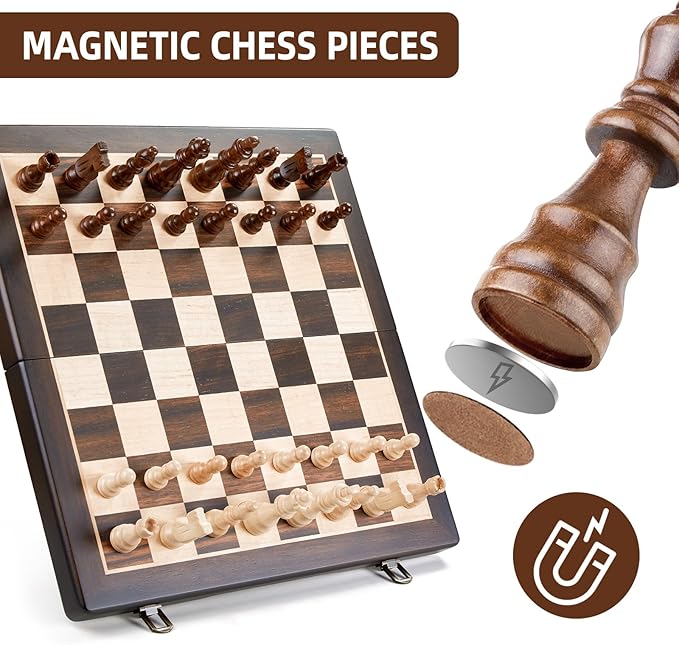Magnetic Wooden Chess Set for Adults Kids,15" Folding Chess Board with Wood Texture 2 Extra Queens - Handmade Pieces Travel Board Games for Professional Beginner