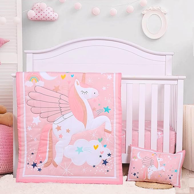UOMNY Crib Bedding Set for Girls - Pink Baby Nursery Sets 3 Pieces Quilt Comforter Fitted Sheet Toddler Pillowcase Soft Star