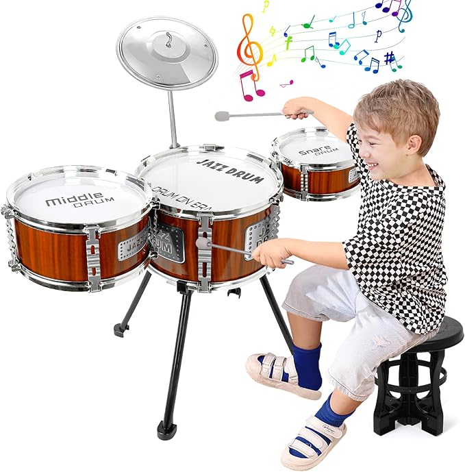 Kids Drum Set Music Toy Drum Set for Toddlers Ages 3-5 Jazz Drums Kit with Stool, 3 Drums Percussion Musical Instruments Toys for 3 4 5 Year Old Boys Girls Gifts