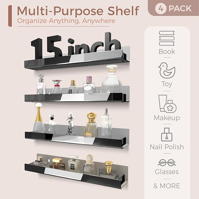 4 Pack 15 Inch Black Reflective Acrylic Shelves, Black Floating Shelves, Modern Sunglasses Essential Oil Picture Ledge Display Toy Storage Shelf