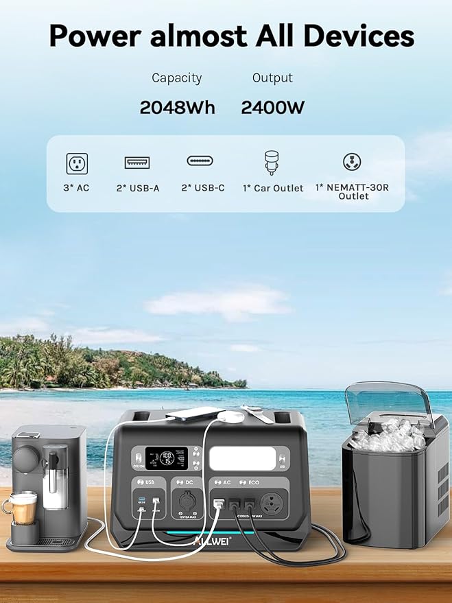 ALLWEI 2400W LiFePO4 Portable Power Station,2048Wh Solar Generator with 1500W AC Charging &1200W Solar Charging,with ATS UPS Mode, 4 AC Outlet(Power Lifting 3600W) for Home Backup, Power Outages & RVs
