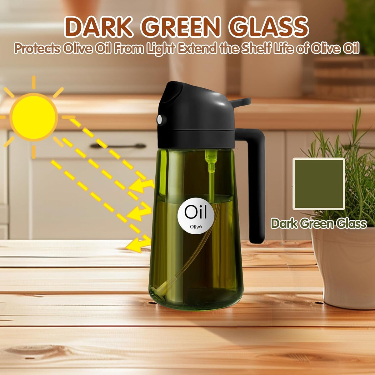 YARRAMATE 16oz/470ml 2PCS Light Blockage Dark Oil Sprayer for Cooking, 2 in 1 Olive Oil Dispenser Bottle for Kitchen, Green Glass Oil Bottle, Food-Grade Oil Mister for Air Fryer, BBQ (Black & Green)