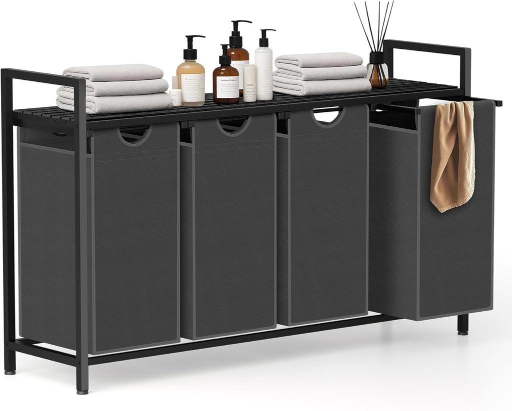 Laundry Hamper, Laundry Sorter with 4 Pull-Out Removable Oxford Fabric Bags Cloth Laundry Basket 4 x 10 Gallons (Grey and Charcoal Black)