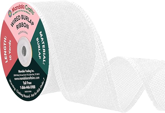 Mandala Crafts White Burlap Wired Ribbon 2 Inches Wide Jute Ribbons for Crafts - 10 Yds Roll Rustic Burlap Wrap Trim Ribbons for Wreaths Bows Party Decoration