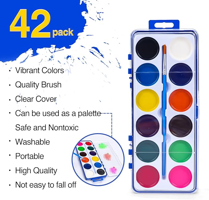 42 Pack Watercolor Paint Set for Kids, 12 Colors Watercolors Paints with Paint Brush, Kids Watercolor Paint Set for Party Favor, Classroom.