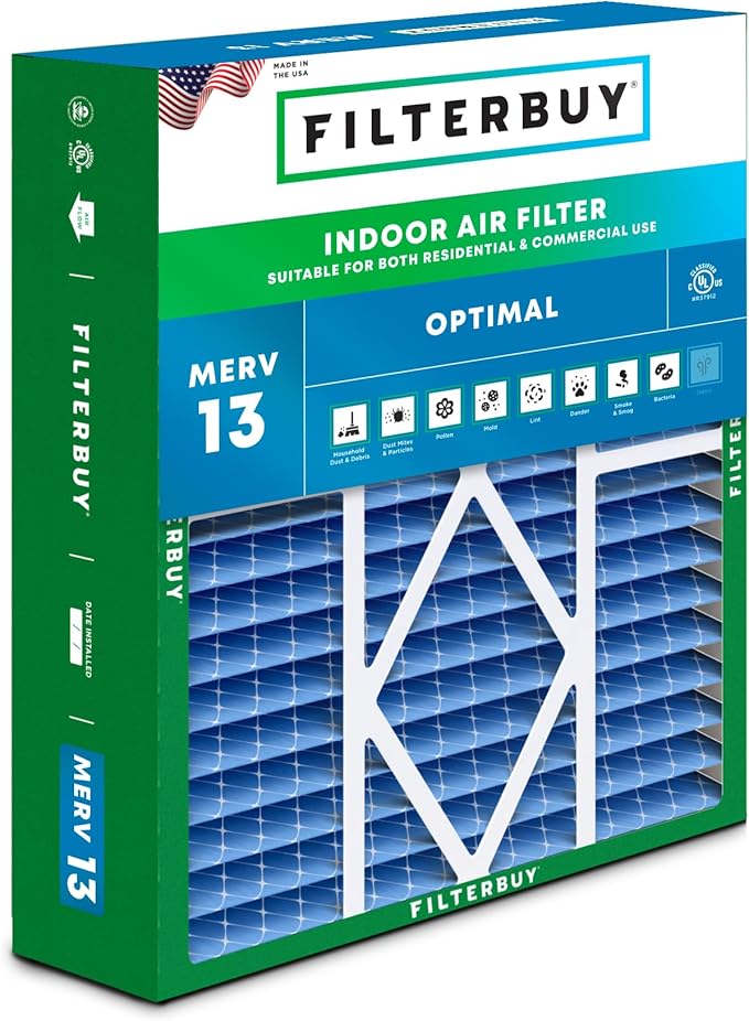 Filterbuy 20x25x5 Air Filter MERV 13 Optimal Smoke & Allergy Defense (1-Pack), Pleated HVAC AC Furnace Filters for Amana, Coleman, Goodman, Maytag, York, and More (Actual Size: 20.19 x 25.31 x 5.25)