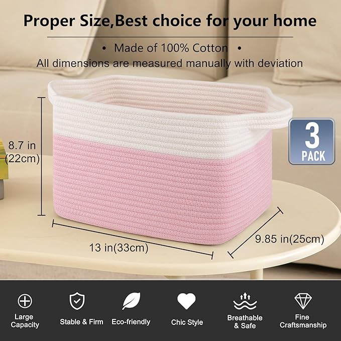 OIAHOMY 3 Pack Storage Basket for Organizing, 13''X9.85''X8.7'' Woven Storage Bins with Handles, toy organizers,Stylish Room Decor, Pink & white