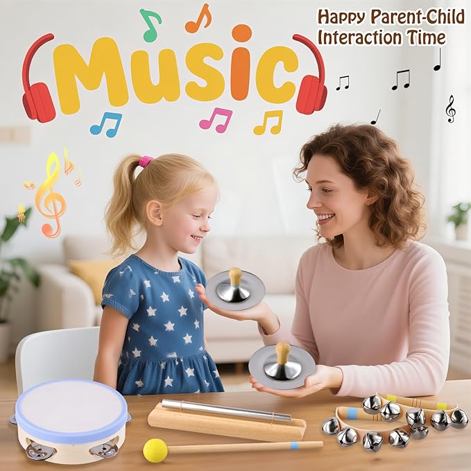 Montessori Musical Instruments for Toddlers, Wooden Baby Music Set with Drum, Flute, Clarinet, Chime Bar, Bells Cymbals, Natural Sensory Learning Toys for Boys Girls 1-3 Years Old