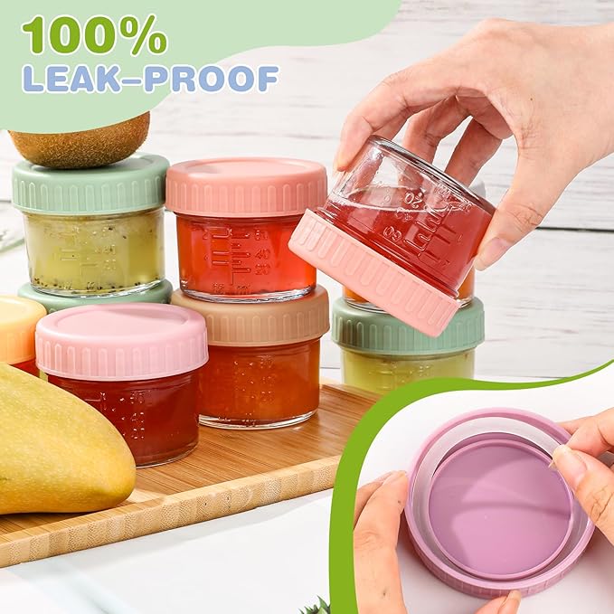 8 Pack Glass Baby Food Storage Containers, 4 oz Leakproof Baby Food Jars with Lids, Small Glass Food Containers for Infant Baby, Freezer Safe