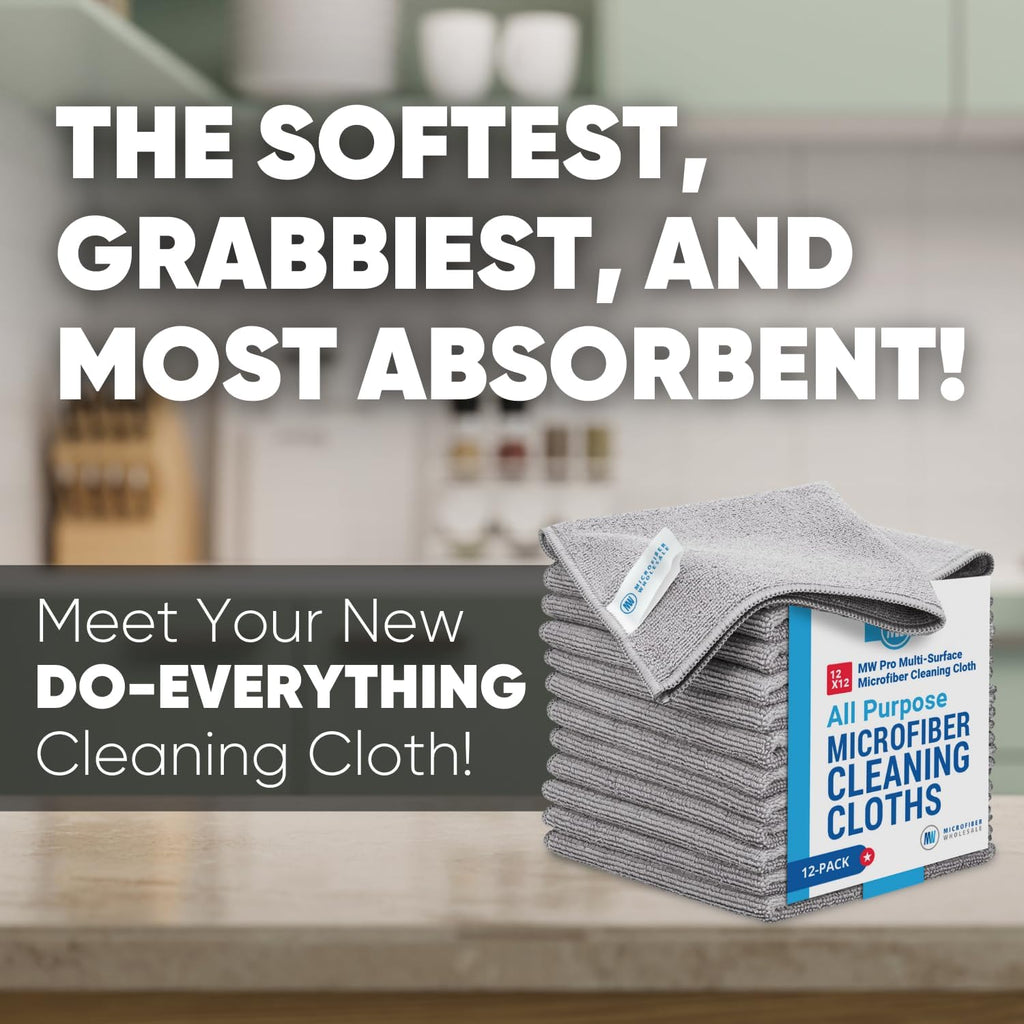 12" x 12" MW Pro Multi-Surface Microfiber Cleaning Cloths | Gray - 48 Pack | Premium Microfiber Towels for Cleaning Glass, Kitchens, Bathrooms, Automotive, Supplies & Products