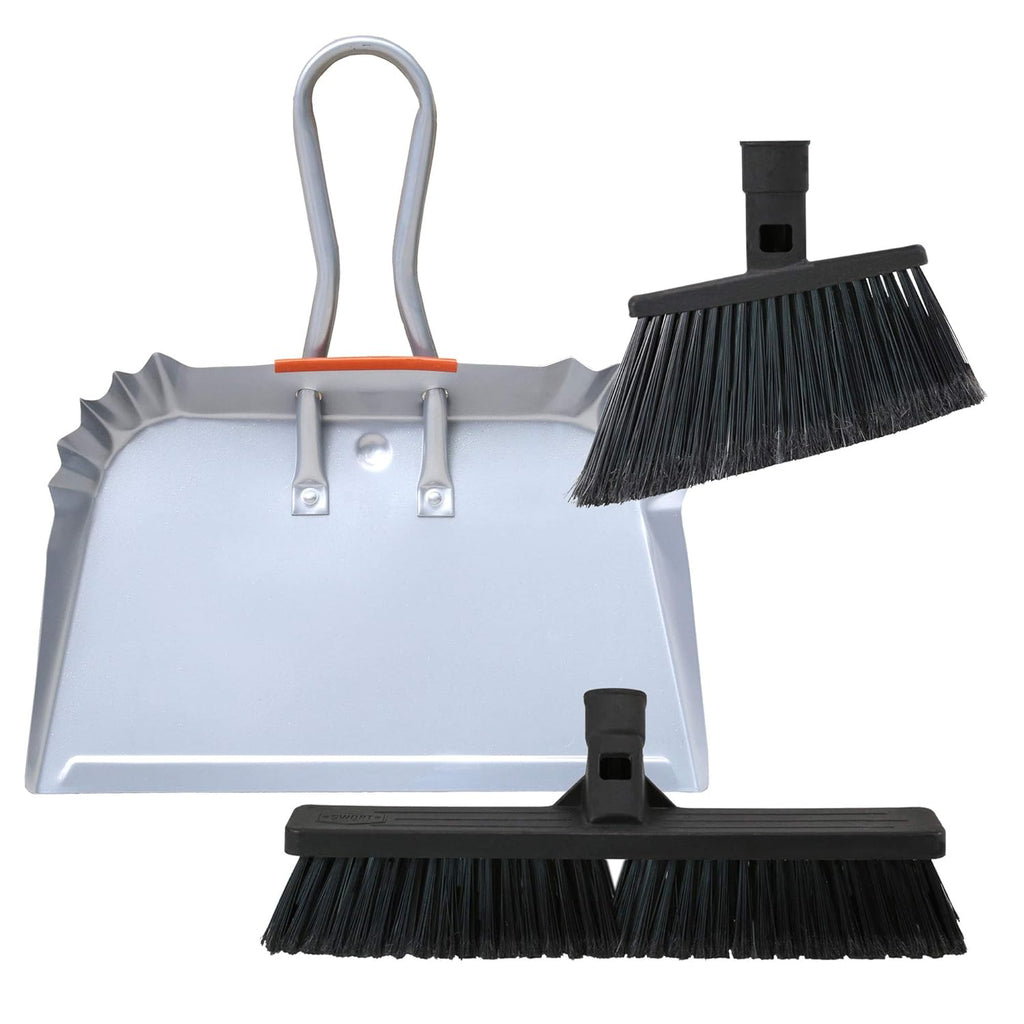 SWOPT Angled Broom Head + Push Broom Head + 17” Steel Dustpan – Multi-Surface Cleaning Kit Interchangeable with All SWOPT Cleaning Products for More Efficient Cleaning and Storage