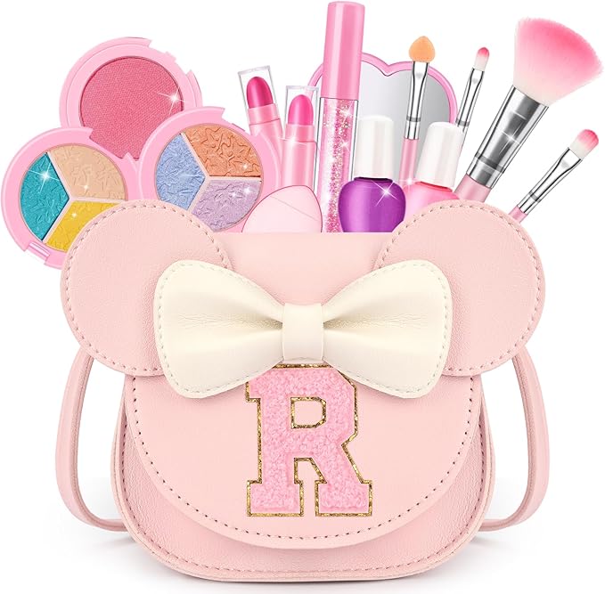 Kids Makeup Kit for Girls - 15 Pcs Real Washable Make Up Set - Non Toxic Toddlers Cosmetic with Letter Mouse Ear Purse - Dress up Birthday Gifts for 3 4 5 6 7 8 Years Old Girls - R
