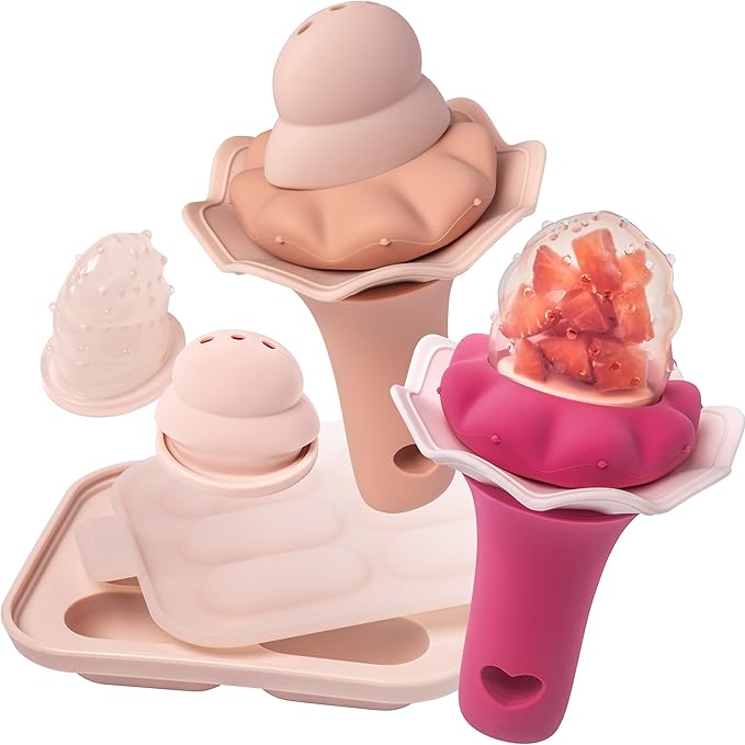 Moonkie Baby Fruit Feeder with Freezer Tray, BPA Free Silicone Food Feeder for Infant Self Feeding, Breastmilk Popsicle Molds, Mesh Feeder with Two Pouches, Baby Shower Gifts 4 Months+, 2 Pack