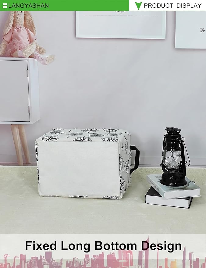 LANGYASHAN Rectangular Storage Bin Collapse Canvas Fabric Cartoon Storage Basket with Handles for Organizing Home Kitchen Boys and Girls Toys Office Closet Shelf Baskets (Rec Black Compass)