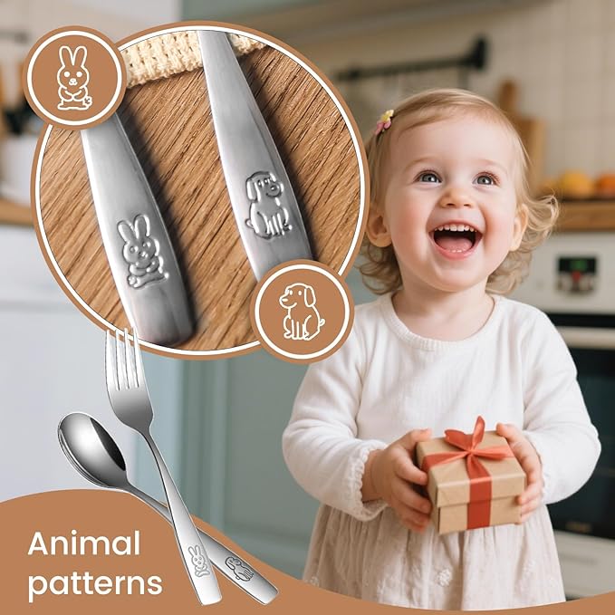 HAKSEN Stainless Steel Toddler Utensils Set, 12PCS Kids Safe Forks and Spoons with Bunny and Puppy Motifs, Mirror Polished & Dishwasher Safe