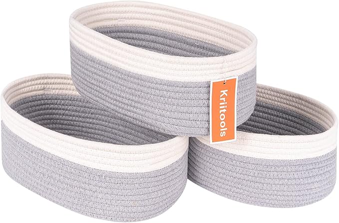 Baskets for Shelf Storage Cute Basket to Store and Organize Household Items/Woven Rope Basket for Living Room, Bedroom,Playroom/Durable Small Oval-13x8.66x5.11’’,3 Packs Off White&Gray