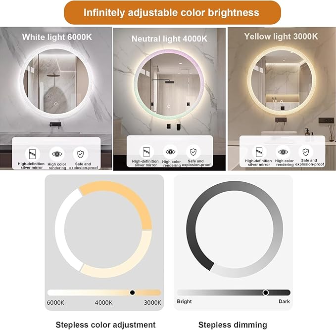 Round LED Bathroom Mirror, Wall Mounted Mirror with Demister Pad 3 Dimmable Color, Backlit Makeup Mirror, for Bathroom, Vanity, Bedroom(60cm/23.6in)