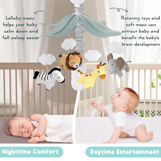 Animals Crib Mobile for Boys & Girls - Safari Baby Mobile for Crib with Upgraded 3-Mode Music Box, Nursery Mobiles, Fits Standard Cribs