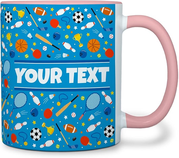 Personalized Mug for Kids - Sports - Custom Name/Text, Ceramic Hot Chocolate/Cocoa/Coffee Cup for Boys/Girls, Birthday/Christmas/Holiday Gift - 11 oz, Pink Handle