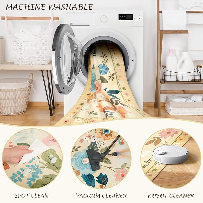 Floral 9x12 Area Rug Machine Washable Soft Print Boho Carpet Non Slip Doormat Low Pile Flower Area Rugs for Living Room Bedroom Nursery Kitchen Dining Room Indoor-Ivory/Yellow