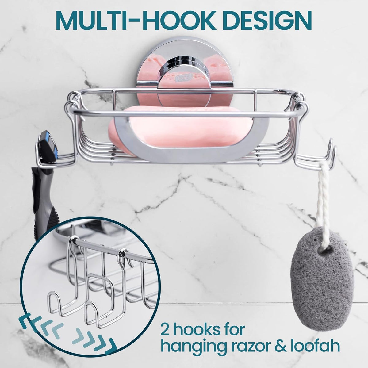 TAILI Soap Bar Holder Dish with Hooks, Shower Soap Tray Saver Suction Cup with Razor Holder for Wall, Rustproof Stainless Steel Bath Shampoo Caddy for Bathroom Accessories Organizer, Silver