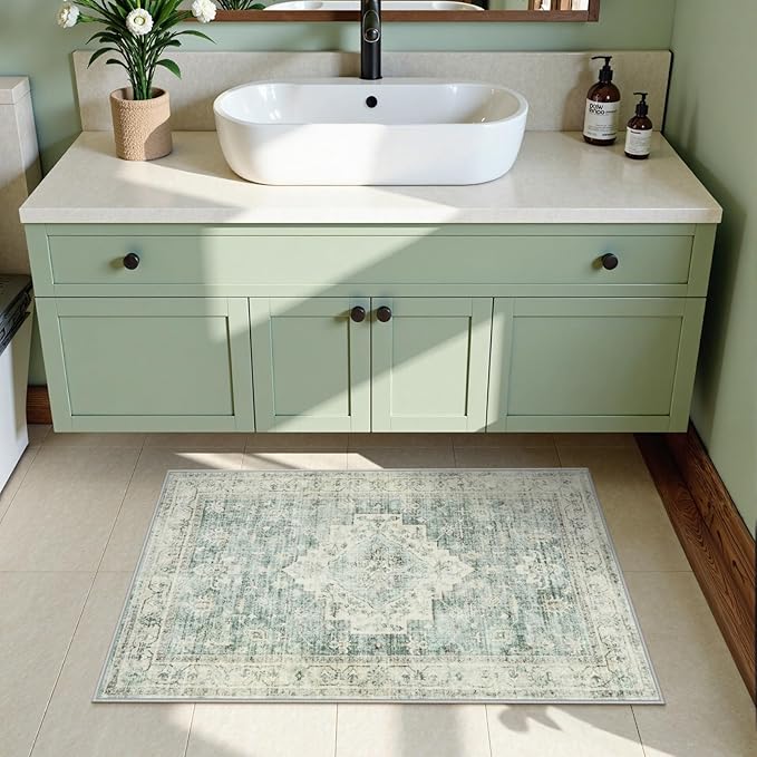 LIVEBOX Washable Rug 2x3 Kitchen Mats for Floor Entryway, Non Slip Front Door Mat for Bathroom Hallway, Boho Low-Pile Small Carpet Farmhouse Throw Indoor Rugs for Bath Sink, Sage Green