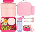 Kids Bento Lunch Box with 8oz Soup Thermo, Water Bottle, Leakproof Lunch Food Containers with 4 Compartment, Kids Insulated Hot Food Jar with Lunch Bag for School(Pink)