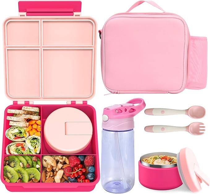 Kids Bento Lunch Box with 8oz Soup Thermo, Water Bottle, Leakproof Lunch Food Containers with 4 Compartment, Kids Insulated Hot Food Jar with Lunch Bag for School(Pink)