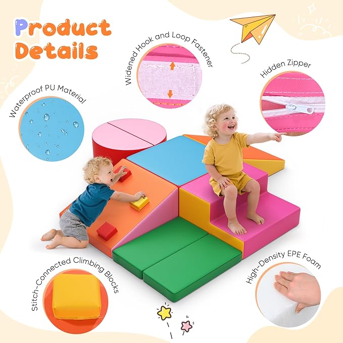 Lischwert Foam Climbing Blocks for Toddlers 1-3, 7pcs Soft Play Set with Crawling Exploration Toys, Indoor Outdoor Infant Safe Blocks for Baby Gym Toddler Playground