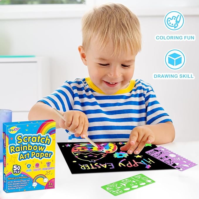 RMJOY Rainbow Scratch Paper Art for Kids: 60PCS Magic Arts Crafts Gifts Toys for Girls Boys Ages 4 5 6 7 8 9 Games Activities for Birthday Family Fathers Day Christmas Stocking Stuffers Easter(Boys)