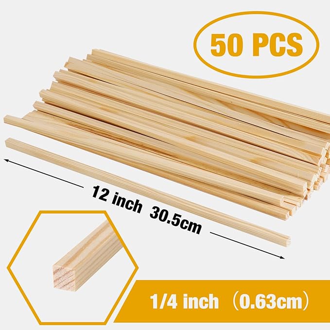 Square Wood Dowels Wooden Dowel Rods for Crafting 3/16" x 12", 50 PCS Square Wood Craft Sticks, Unfinished Pine Hardwood Sticks for Woodworking Models Making Dollhouses Miniatures