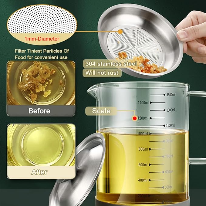1L/35oz Glass Bacon Grease Container with Strainer, Cooking Oil Storage Can with Fine Mesh Filter and Scale, Lid and Easy-Grip Handle,Fat Separator for Storing Fats, Frying Oil and Cooking Grease