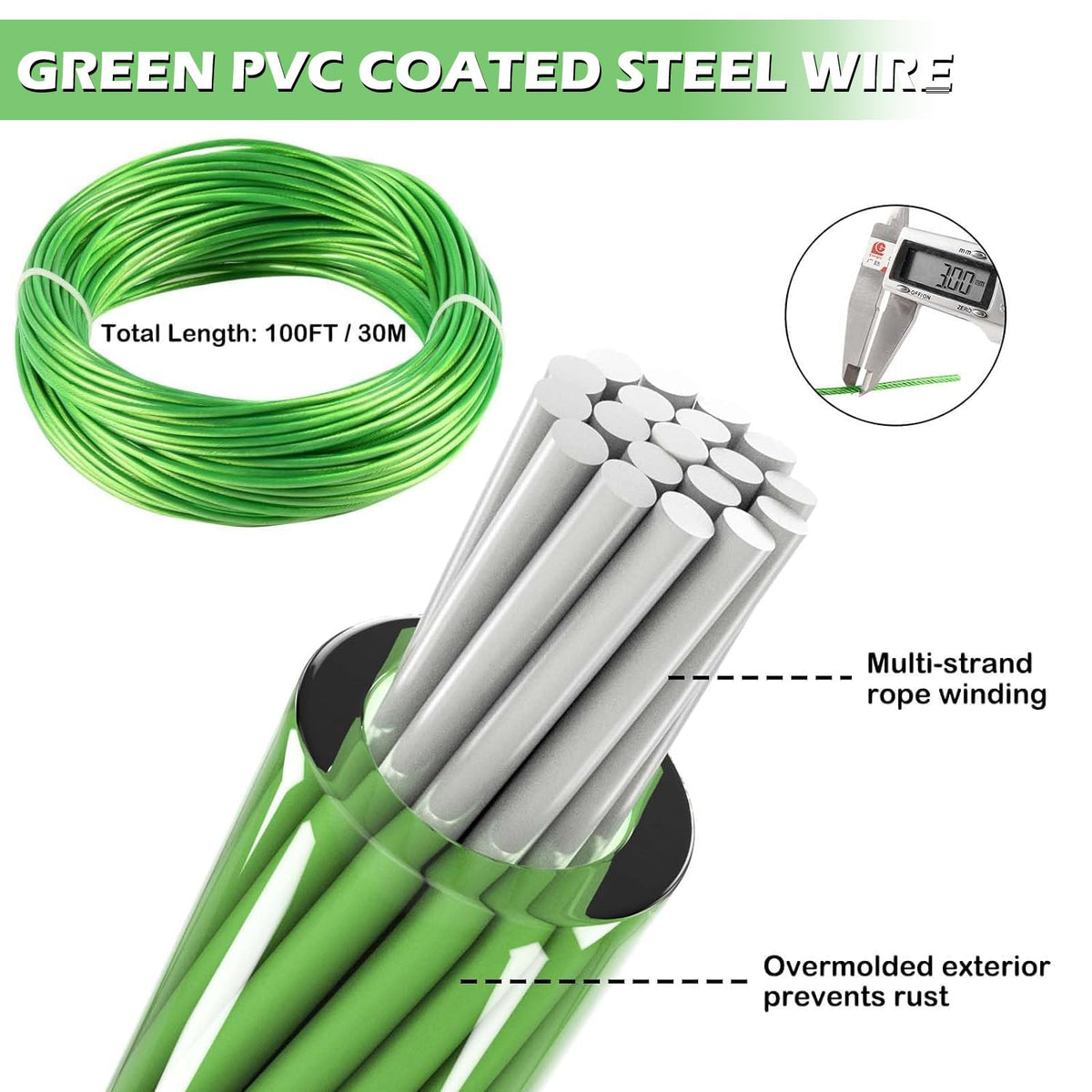 1/8" Wire Rope, 100 Ft PVC Coated Wire Cable Metal Steel Cable Trellis Kit, Multi-use Clothes Line for T Post/Climbing Grapevines Plants Outdoor/String Light Hanging Kit