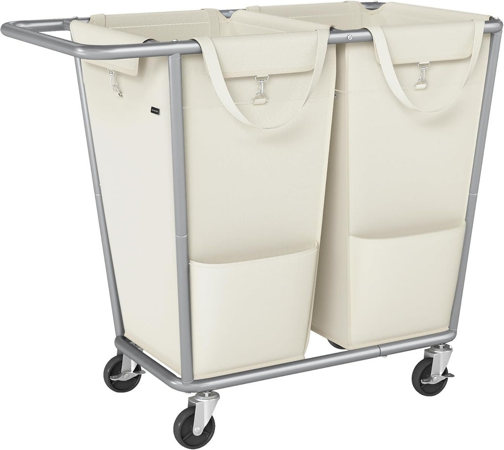 SONGMICS Laundry Basket with Wheels, 50.2 Gallons (190 L), 2-Section Rolling Laundry Hamper with Removable Bags, Heavy-Duty Steel Frame with Handle, Cream White URLS009W01