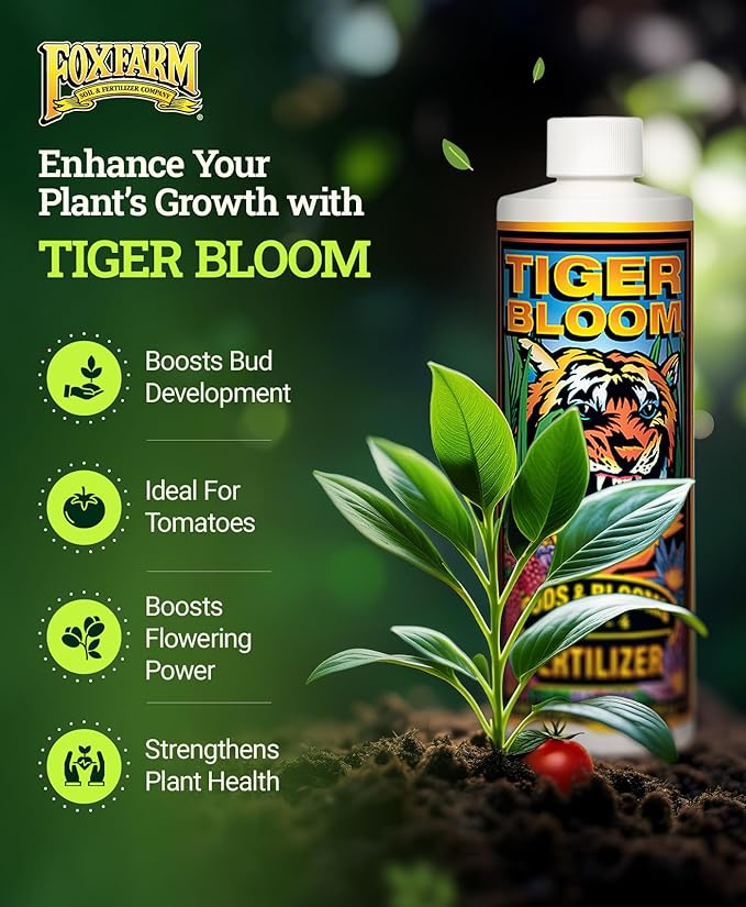 FoxFarm Tiger Bloom Liquid Fertilizer Concentrate - Fast Acting Formula for Vicious Growth with Phosphorus - Encourages Fruit, Flower & Bud Development, NPK 2-8-4 (Pint)