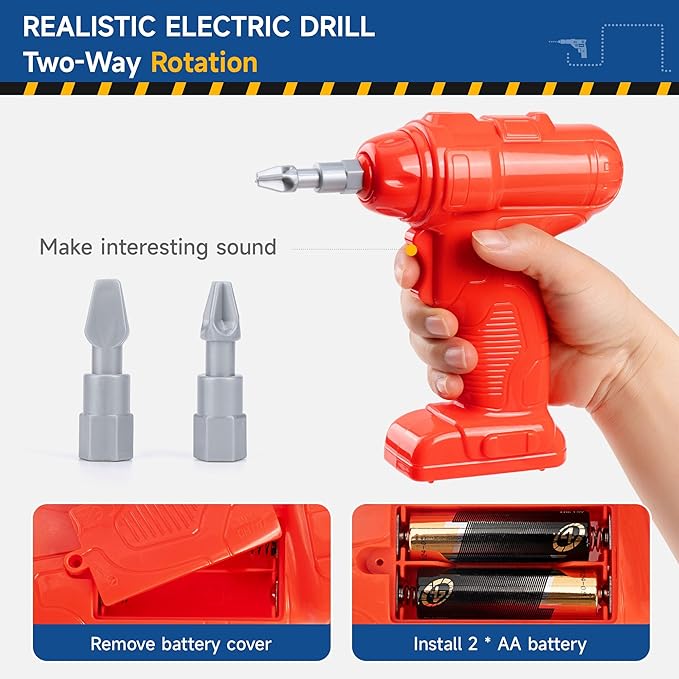 Kids' Tool Bench with 118 Realistic Pieces, Electric Drill & Stickers - Pretend Play Learning Gift for Boys & Girls Age 3-5