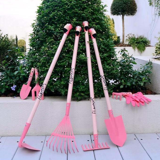 Kids Gardening Tool Set Pink, Kid Rake and Shovel Set, 29.6'' Metal Leaf Rake, Shovel, Hoe and Mini Garden Yard Tools, Gardening Toy Gift for Kids Age 3+ Years(Pink), Develop Intelligence