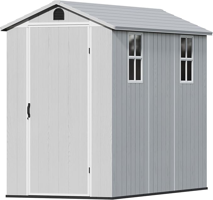 Devoko 4×8 FT Resin Outdoor Storage Shed, Garden Shed with Floor, Lockable Door and Two Windows, Waterproof Outside Plastic shed for Backyard, Bike, Tools, Lawn Mower, Light Grey