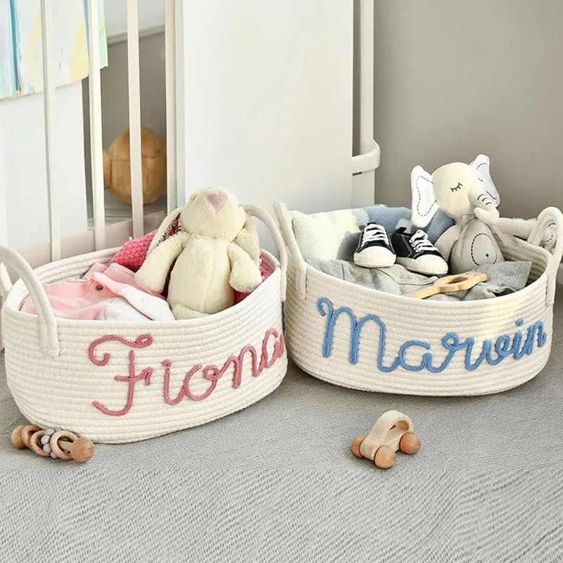 Personalized Baby Name Basket, Custom Woven Baby Shower Gift Basket with Cotton Rope Handle Baby Diaper Nursery Shelf Storage Basket Bin for Kids' Bedroom (Style 4)