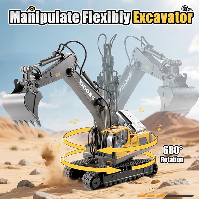 LUDILO Remote Control Excavator Toys for Ages 5-7, 11CH 2400mAh 2.4GHz RC Cars Construction Toy Truck Digger Metal Shovel Sound Light, Kids Boys Toys Age 4-6-8 Birthday Gifts for 5 6 7 8 Year Old Boys